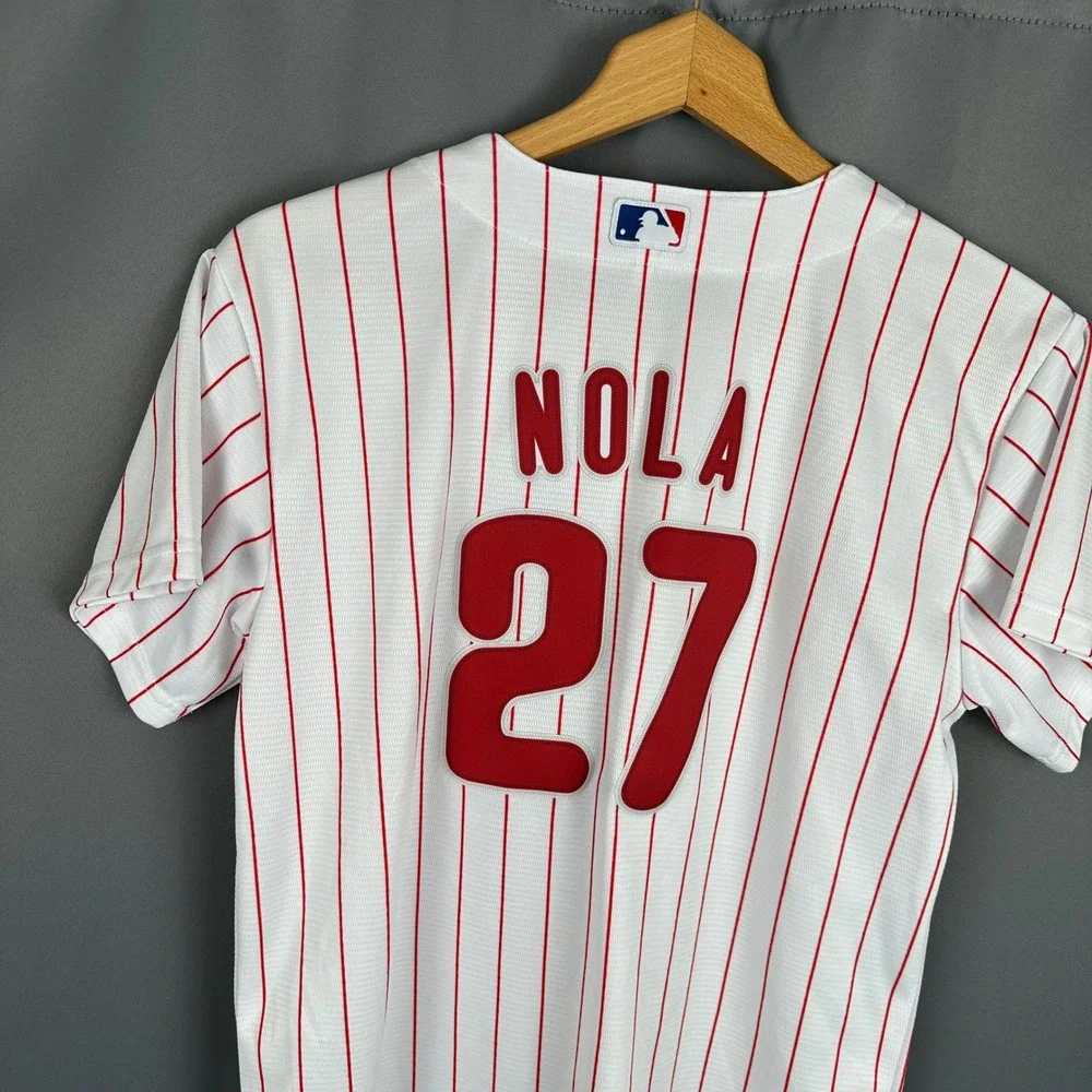 Nike Philadelphia Phillies Aaron Nola 27 Pinstripe Jersey Boys Large 14/16 White